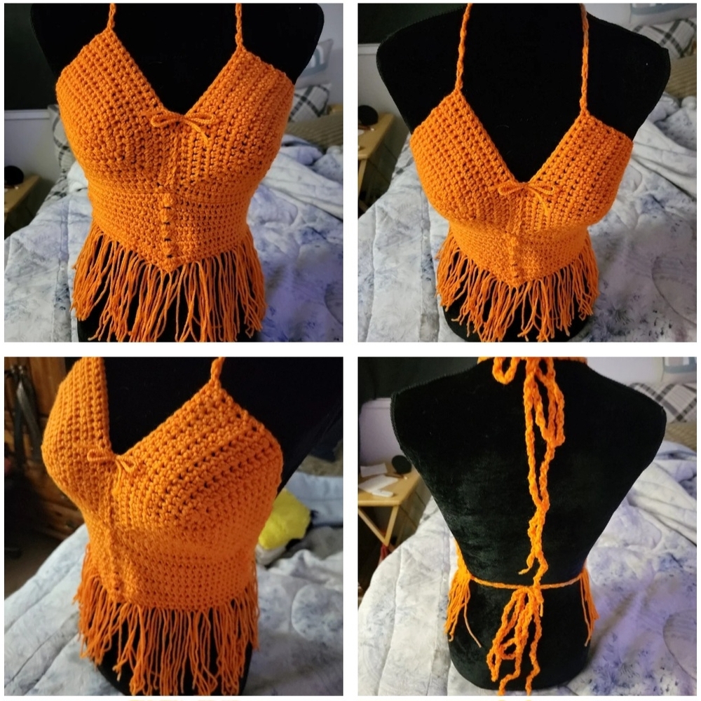 Orange Crochet Fringe Halter Top
